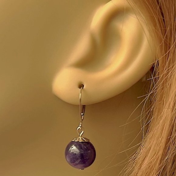 Purple Amethyst Earrings 14K Gold Filled Leverbacks for Women Handmade in USA - Picture 4 of 4
